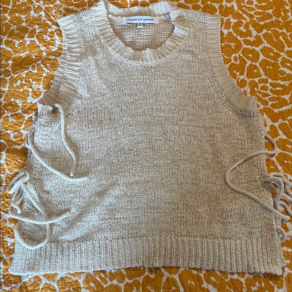cupcakes & cashmere Cream loose Knit Sleeveless Sweater, open sides with ties.